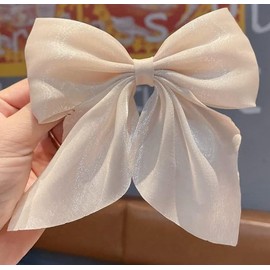 2PCS Large Bow Hair Clips for Women Girls Pearlescent Satin Hairpins Bow Ribbon Barrettes Duckbill Hair Accessories (Beige, One size)