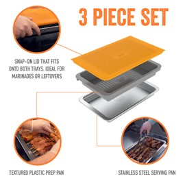 PREP ‘N Serve Premium Set™ - Plastic Container with Lid for Marinades, Stainless Steel Serving Tray, Aluminum Defrosting Tray, and a Plastic Cutting Board - The Ultimate BBQ Food Prep Utensil Set