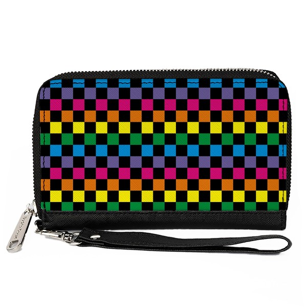 Buckle-Down Wallet, Zip Around, Checker Black Neon Rainbow, Vegan Leather,