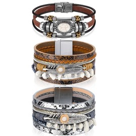 Inbagi 3 Pcs White Turquoise Bracelet for Women Bohemian Faux Leather Cowgirl Bracelet Multi Layer Western Jewelry for Girls Women Silver Cuff Bangle