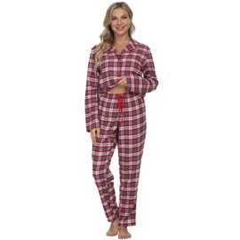 Mnemo Home Women's Long Flannel Pyjamas, 100% Cotton, Flannel, red
