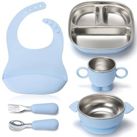 RUseeN Vajillas de Platos de Acero Inoxidable para Bebé 6PCS | Set de Platos para Bebe con Tazones Ventosas, Copa de Silicona Desmontable, Baberos y C