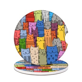 Colorful Cat Car Coasters for Cup Holders, Cat Lover Absorbent Ceramic Car Coaster Car Cup Holder Coaster Car Accessories for Women Men (2 Pack)