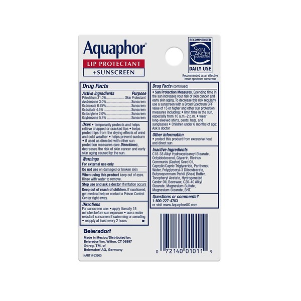 Aquaphor Lip Repair + Protect UVA/UVB, SPF 30, 0.35 Ounce (Pack of 6)