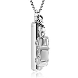 Oinsi Car Charm & Cylinder Urn Necklace for Ashes Stainless Steel Tube Cremation Urn Jewelry Necklace for Ashes Memorial Keepsake Gifts