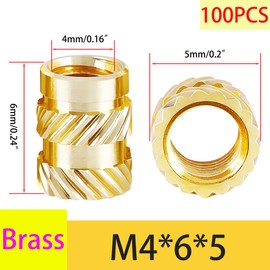Qrity 100 Pcs Knurled Nuts, Brass Threaded Insert Kit, Female Thread Knurled Nuts, Threaded Insert Knurled Brass Nuts, M4 x 6mm x 5mm