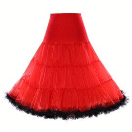 LYSINK Women 50s Vintage Long Petticoat A-line Solid High Waist Mesh Tulle Half Slip Underskirt for Wedding Party Prom (Ba Red, l-x_l)