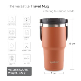 eppikan eppiDuo Edelstahl Thermobecher mit klappbarem Tragegriff und zwei Trinköffnungen für warme und kalte Getränke – Thermosflasche für unterwegs (Terracotta, 600 ml)