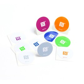 NFC Tag sticker 30 mm, 180 + 540 byte, 100% compatible, 10 pieces printed, optimal for contact data/device/profile control (Wlan, Bluetooth, SMS, telephone call via NFC)