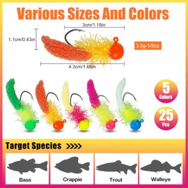 Crappie Jigs Fishing Lures Kit, 25/20pcs Marabou Jigs Heads with Maggot Tail Round Ball Fishing Jig Heads Hair Jigs Baits for Walleye Panfish Bass Fishing 1/8oz
