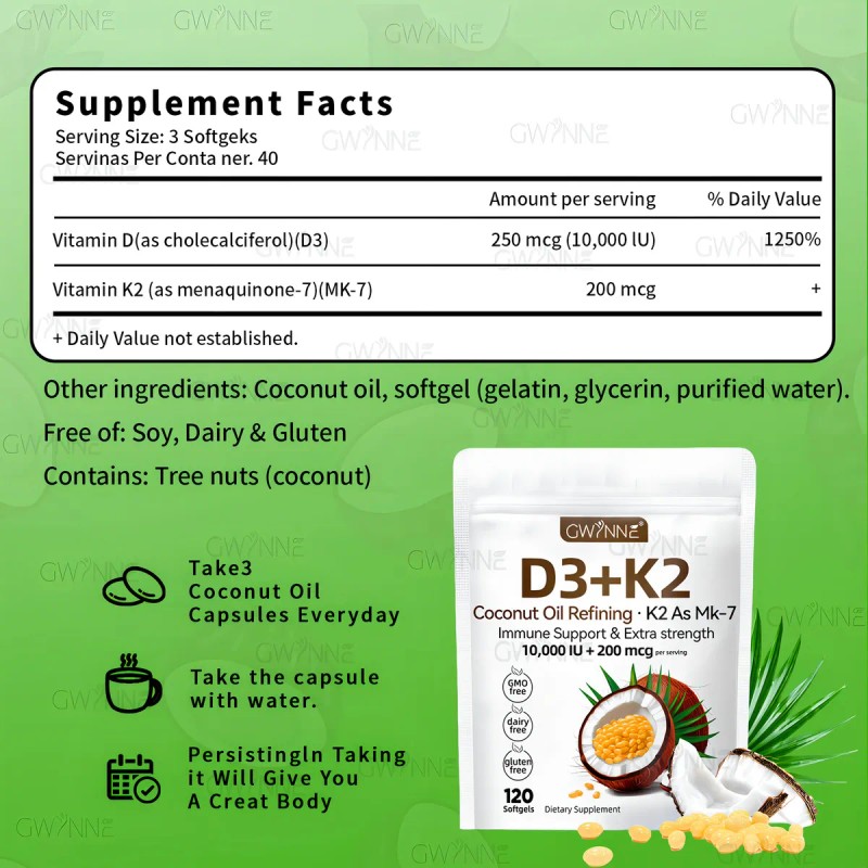 Gwynne Vitamina D3 10.000ui K2 Mk-7 200mcg,120cpsulas 2 En 1