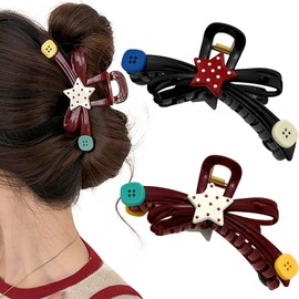 2PCS Large Claw Hair Clips for Women,Acrylic Bow Star Button Design Non-Slip Grip Strong Hair Claw,for Girls Women Thick and Long Hair, Extra