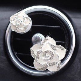 2 Pcs Camellia Air Vent Clips Cute Flower Car Air Freshener Clip Bling Car Air Outlet Decorations Crystal Rose Car Diffuser Vent Clip Charm Car Inter Decor Accessories for Women Girls