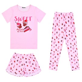 Mirawise Girls Pajamas Size 10 11 Kids Sleepwear 3 Piece Pjs Set Short Sleeves Pants Sets Summer Pj Cotton Dessert