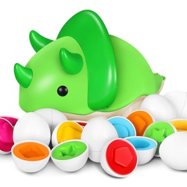 Genispark Montessori Learning Toy for Toddlers, 12 pcs Matching Eggs with Triceratops Case, Baby Fine Motor and Sensory Toy, Shape Color Sorter Easter Egg Gift for Preschool Girl Boy Ages 18+ Months