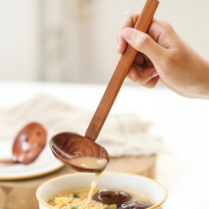 4-Piece Large Wooden Spoons with Long Handle, Japanese Ramen Spoon,