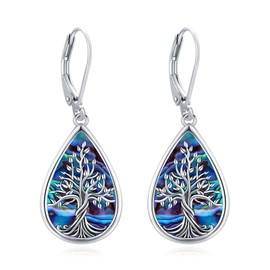 LOOVE Tree of Life Earrings Sterling Silver Filigree Teardrop Dangle Dangling Leverback Earrings for Women Abalone Shell Tree of Life Jewelry
