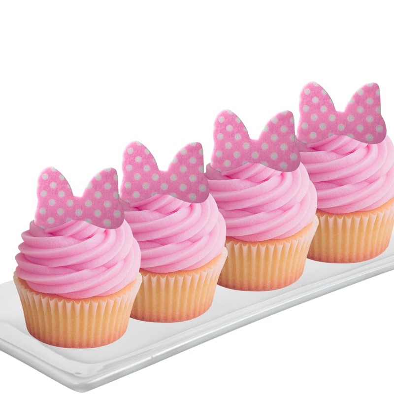 Pink Polka Dot Edile Bows for Cake and Cupcakes -24ct