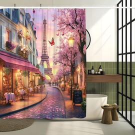 LMMRLM French Eiffel Tower Shower Curtain Oil Painting European Paris City Street Landscape Modern Romantic Pink Cherry Blossoms Scenery Pink Floral Decorative Curtain with Polyester Fabric