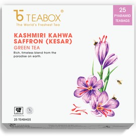 Teabox Kashmiri Kahwa Green Tea | 25 Tea Bags | Whole Green Tea Leaves with Saffron, Cardamom, Cinnamon, Clove and Almond | Gluten-Free Tea, Medium-Caffeine