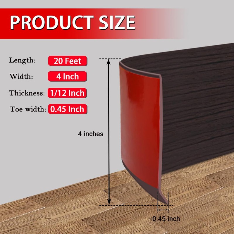 FONUNO Vinyl Wall Base Baseboard Molding Trim 4" Flexible Self
