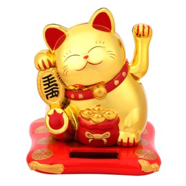IBWell Small Lucky Cat Waving Arm Chinese Lucky Cat Statue for Home Office Car Decor Solar Energy Powered Chinese Feng Shui Cat Beckoning Cat - Gold