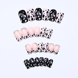 French Tip Press On Nails Fake Nails Medium Short Coffin Square with Nude Black White Leopard Designs Glossy Acrylic False Nails Glue on Nails Full Cover Thick Stick on Nails for Women Girls 24Pcs DW41