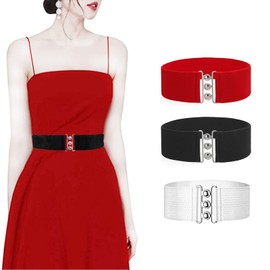 Women's Wide Elastic Buckle Belt Women's Elegant Fashionable Stretch Belt Vintage Waist Belt Wide Waist Belt Cinch Belt for Women with Buckle for Dress Pack of 3 - Black Red White, Black, red, white