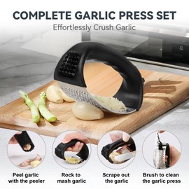 Ywmoml 2 Pack Garlic Press Rocker Set – Innovative Stainless Steel Garlic Mincer and Crusher with 2 Peelers, 2 Scrapers, and 2 Brushes for Effortless Garlic Prep | Complete Garlic Tool Kit