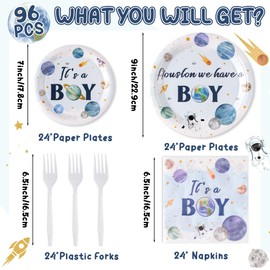 G1ngtar 96Pcs Houston We Have A Boy Baby Shower Plates Supplies - Serves 24 - Outer Space It's a Boy Party Tableware Decorations Astronaut Planet Galaxy Birthday Disposable Paper Plates Napkin Fork