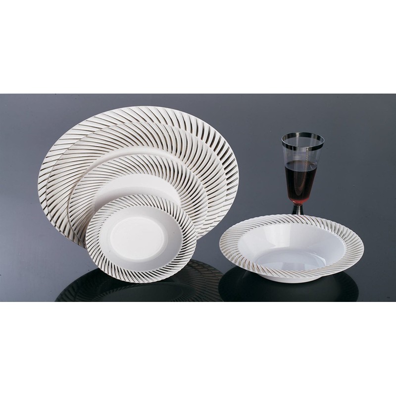 Plexware White Plastic Plates With Silver Swirl Rim 9 Inch-