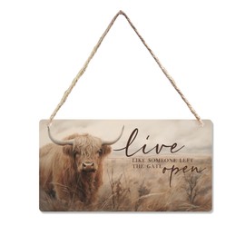 CGBHW Vintage Live Like Someone Left the Gate Open Highland Cow Wooden Sign, Farm Cottagecore Animal Office Kitchen Hanging Sign Wall Decor, Rustic Farmhouse Decor Door Decor 12 x 6 Inch