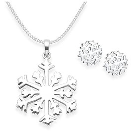 Heather Needham Sterling Silver Snowflake SET: Earrings and Necklace on 16" Silver chain - Size: 7mm and 21mm in a Gift Box. 8174/16/5103