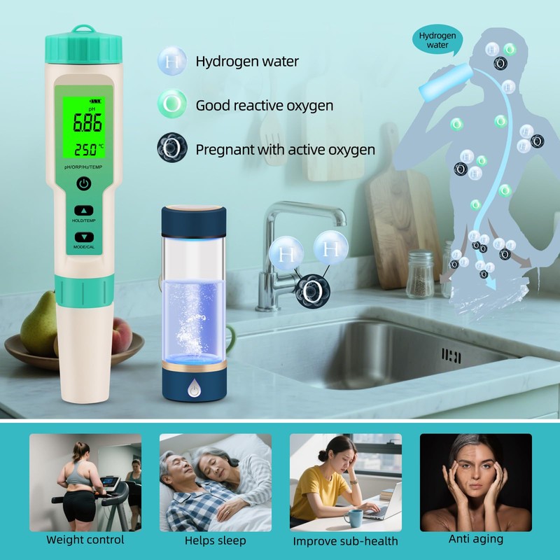 Hydrogen Water Tester, 4-in-1 pH H2 ORP Temp Meter, High