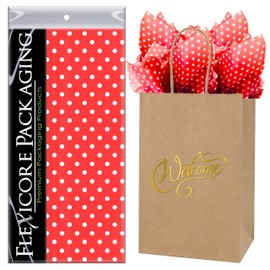 Flexicore Packaging Natural Brown Kraft Paper Welcome Bags & Red Gift Wrap Tissue Paper | Size: 5.25 Inch X 3.25 Inch X 8.25 Inch | Count: 50 Bags | Color: Red Polka Dot