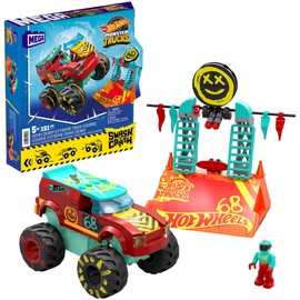 MEGA Hot Wheels Monster Trucks Building Toy, Demo Derby Extreme Stunt Set with 151 Pieces and 1 Micro Action Figure, Red, Gift Ideas for Kids, HNG53