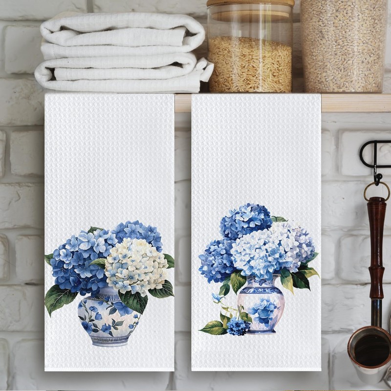 Cilrii Chinoiserie Hydrangea Floral Kitchen Towels, Blue White Hydrangea Flower