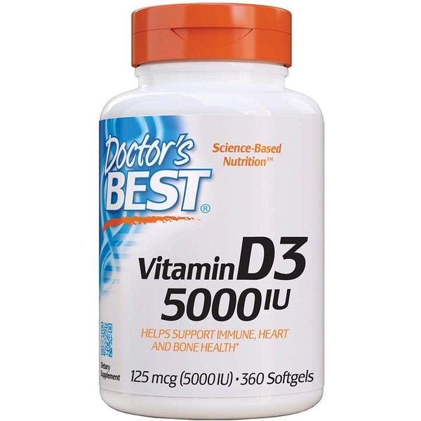 Doctor's Best Vitamin D3 5,000 IU for Healthy Bones, Teeth, Heart and Immune Support, Non-GMO, Gluten-Free, Soy Free, 360 Count (Pack of 1)