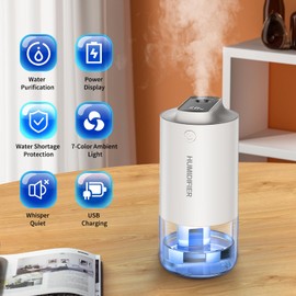 Portable Mini Humidifier,Water Purification,Small Cool Mist Humidifier,USB Rechargeable Personal Desktop Humidifier for Baby Bedroom Travel Car Office,2 Mist Mode,Auto Shut-Off,Super Quiet (White)