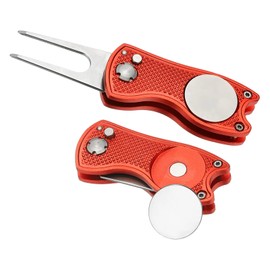 PATIKIL Golf Divot Repair Tool, 2 Pack Foldable Metal Golf Green Divot Tool with Magnetic Ball Marker & Stainless Steel Fork for Golfer, Red