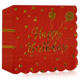 40 PCS Happy Birthday Red and Gold Napkins,6.5x6.5 Inch Scalloped Edges Dessert Napkins for Anniversary Graduation Wedding Birthday Party Decoration