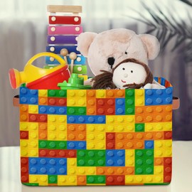 Colorful Building Blocks Storage Basket for Shelves, Closet Storage Bins with Handles, Decorative Collapsible Baskets for Organizing Toys, Clothes, Nursery, Home, 15"x11"x9.5"