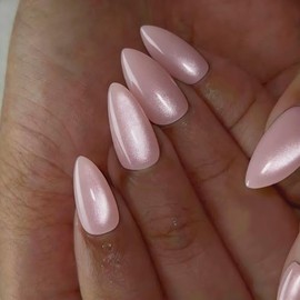 Uñas postizas Cat Eye Almond - Rosa pastel pálido, uñas postizas de aguja, uñas medianas esmaltadas con acabado brillante, uñas adhesivas brillantes r