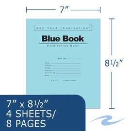 ROARING SPRING Exam Blue Books, 100 School Examination Booklets, 8.5" x 7", 4 Sheets/8 Pages, Wide-Ruled with Margin Student Testbook, Made in USA