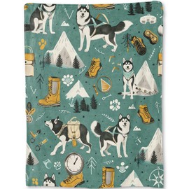 ainori Adventure Husky Flannel Blanket - Playful Dog & Mountain Gear Throw,Gifts for Kids Adult & Pet Lovers,Ultra Soft & Warm,Lightweight, for Couch Bedroom Living Room Outdoor Decor 50x60in