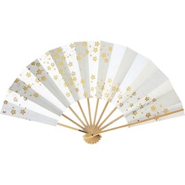 Hanakage Mai Fan, Love 1526, White Pearl Fabric, Cherry Blossom, Gold, 9.0 to 5 minutes, White Bamboo Bone for Dance (Gold), gold