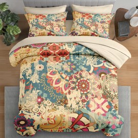 Pamnest Comforter Set Queen Size, Vintage Colorful Flower 7 Pcs Bedding for Kids and Adults, Floral Retro Beige Bed Sheet Sets with Fitted Sheet 2 Pillowcases & 2 Shams for Bedroom Bed Decor