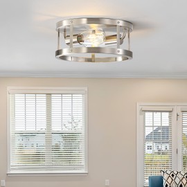 DOXVIEZE Close to Ceiling Light Fixtures, 2-Light Brushed Nickle Semi Flush Mount Ceiling Light, 11 Inch Modern Indoor House Kitchen Round Ceiling Lights for Bedroom Foyer Hallway, Easy Assembled