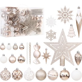 Sea Team 130-Pack Assorted Shatterproof Plastic Christmas Ball Ornaments Set, Decorative Baubles, Pendants, Decorations with Tree Topper Star for Xmas Tree, Wreath, Garland（Champagne）