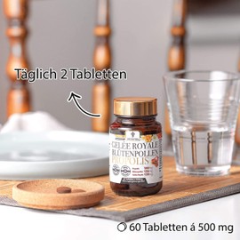 Bee&You Propolis, Royal Jelly, Flower Pollen Tablets 500 mg - 60 Tablets, No Additives, Fair Trade, 100% Natural, No Additives, High Dosage, Propolis Capsules